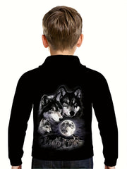 Moon & Wolves 3D Print Hoodie Kids Hip Hop Street Sports Casual Tops