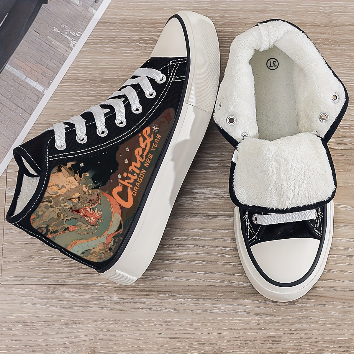 Dragon Print Plush Lined Chunky Canvas Sneakers