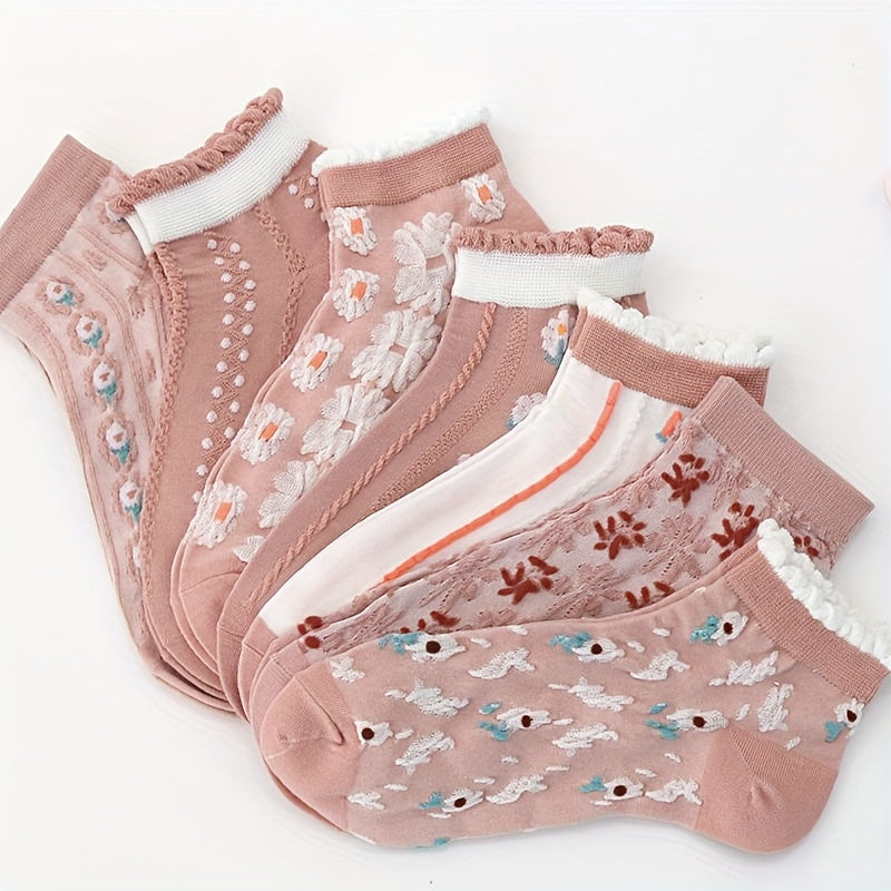 7 Pairs Floral Embossed Short Socks Women's Stockings & Hosiery