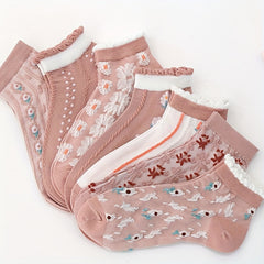 7 Pairs Floral Embossed Short Socks Women's Stockings & Hosiery