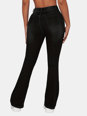 High Rise Ripped Thigh Bootcut Jeans Embossed Crotch Distressed Flare Jeans
