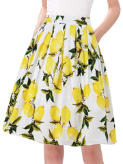 Lemon Print Vintage A-line Skirt Casual Every Skirt Fall & Spring