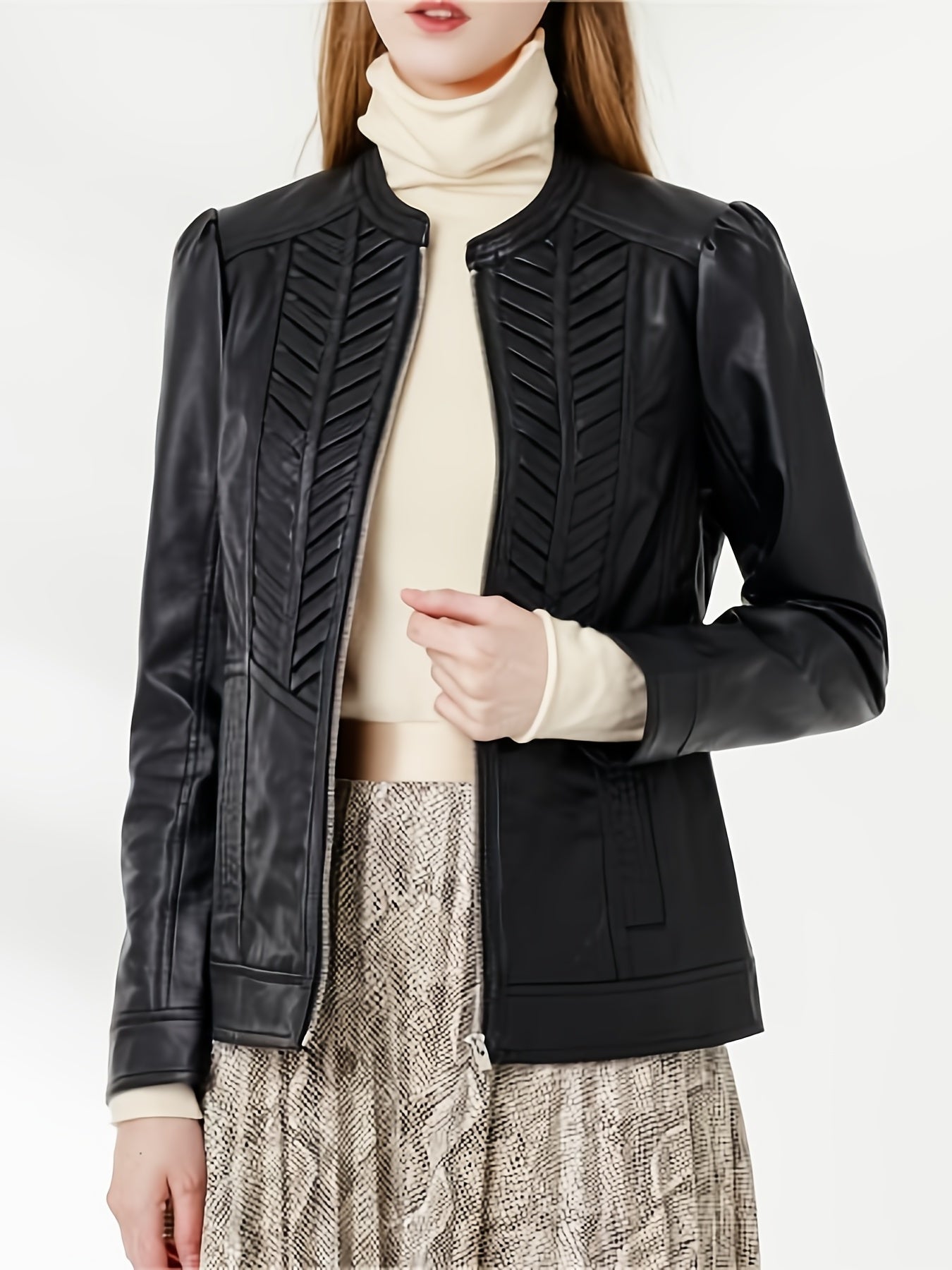 Faux Leather Zipper Coat Woven Pattern Slim Outerwear