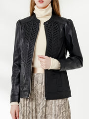 Faux Leather Zipper Coat Woven Pattern Slim Outerwear