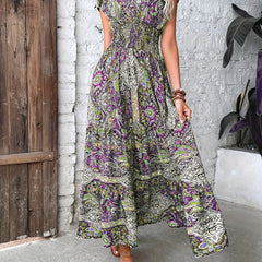 Boho Dress Women's Plus Floral Print Cap Sleeve V Neck Maxi Dress