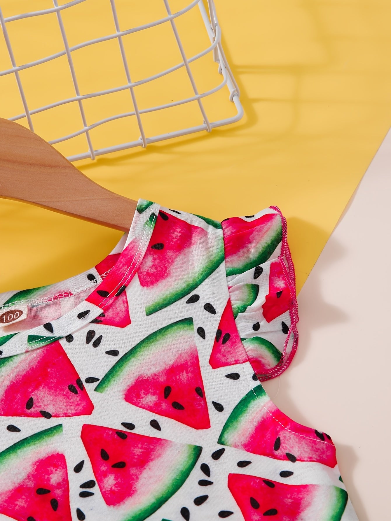Girls Watermelon Graphic Dress Ruffled Sleeves Crew Neck Kids Summer Clothes
