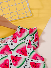 Girls Watermelon Graphic Dress Ruffled Sleeves Crew Neck Kids Summer Clothes