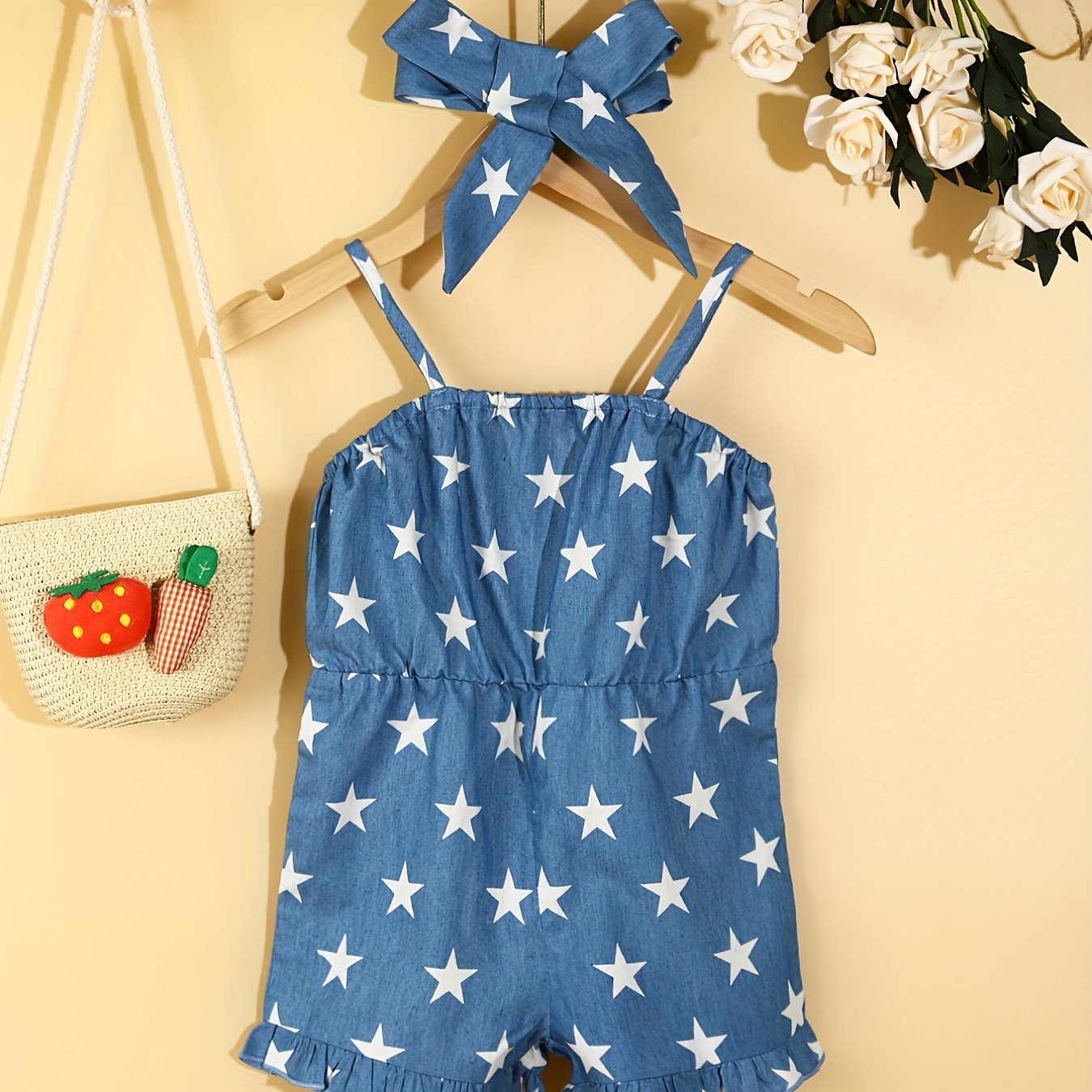Girls Stars Print Off Shoulder Romper Jumpsuit