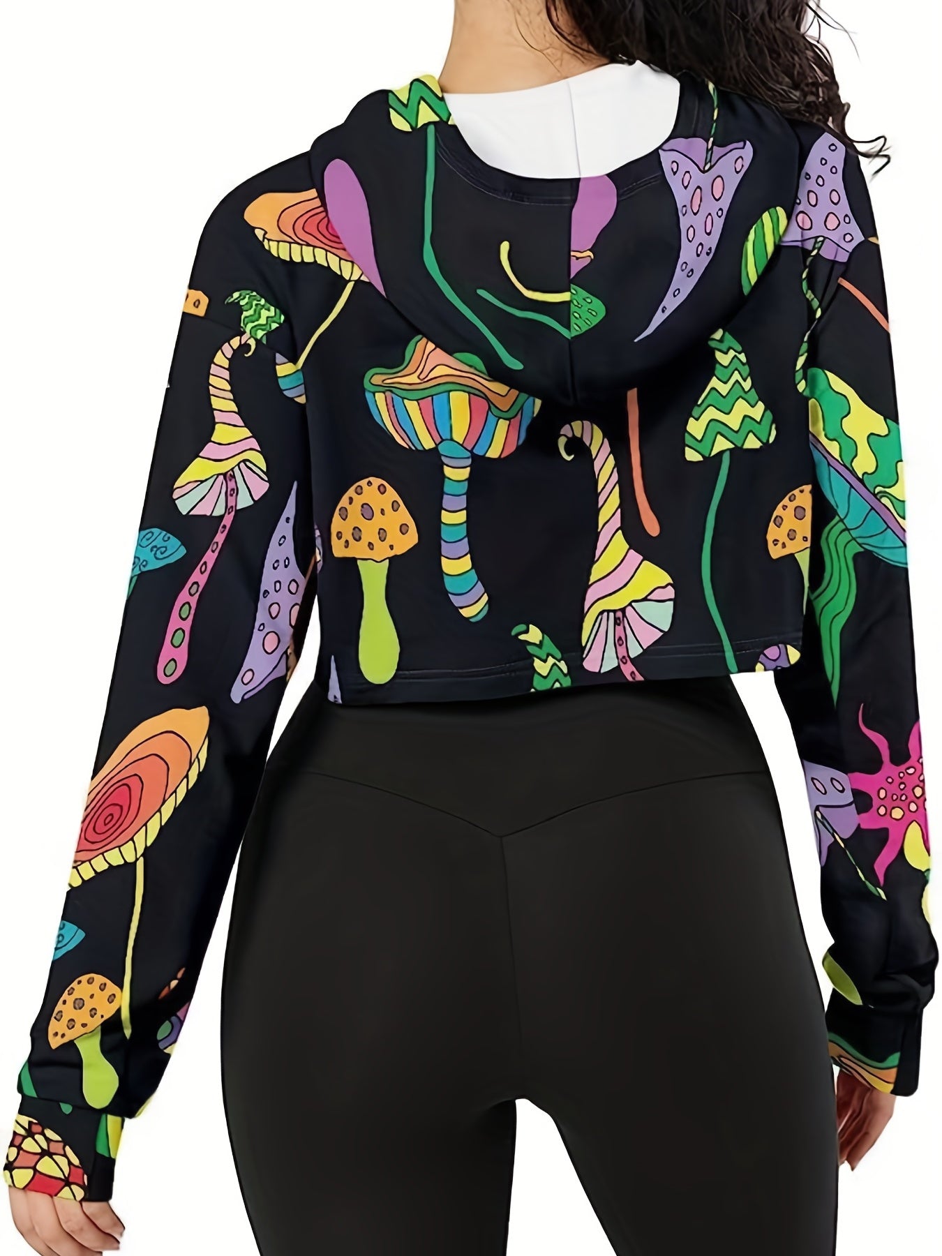 Women's Cropped Long Sleeve Mushroom Print Hoodie