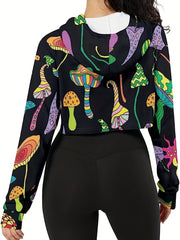 Women's Cropped Long Sleeve Mushroom Print Hoodie