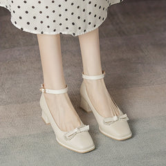 Faux Pearl Bowknot Chunky Heeled Dress Shoes Ankle Strap Mid Heels