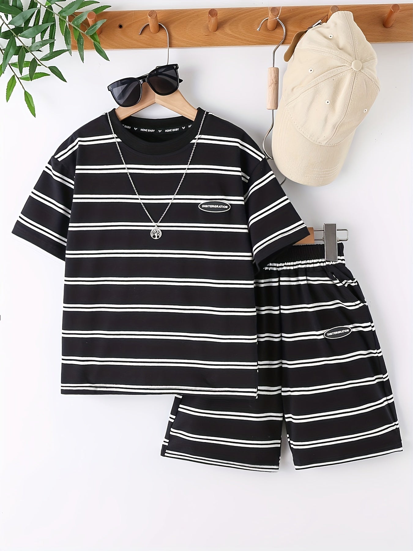 Boys Block Striped Outfit Shorts & T shirt Crew Neck Casual Summer Clothes