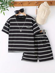 Boys Block Striped Outfit Shorts & T shirt Crew Neck Casual Summer Clothes