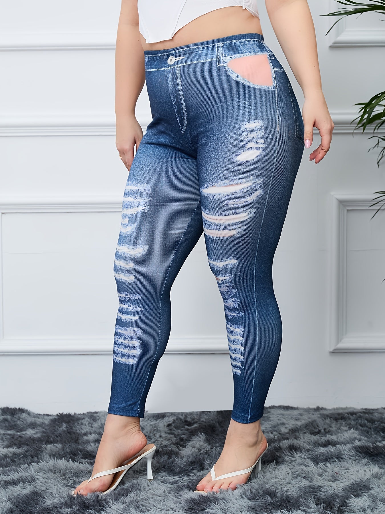 Button & Ripped Denim Print High Rise Skinny Leggings