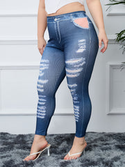 Button & Ripped Denim Print High Rise Skinny Leggings