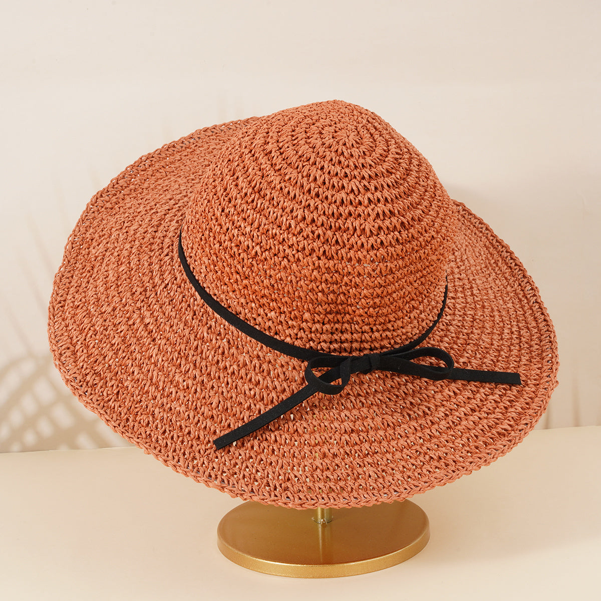 Boho Straw Hat with Thin Bow Tie for Beach Travel