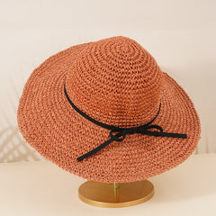 Boho Straw Hat with Thin Bow Tie for Beach Travel