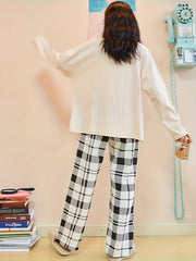 Bear Print Pajama Set Long Sleeve Top & Plaid Pants