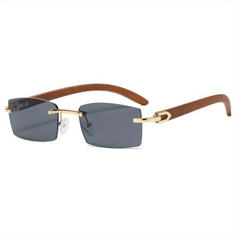 Men's Rimless Brown Tint Rectangular Vintage Wood Grain Sunglasses