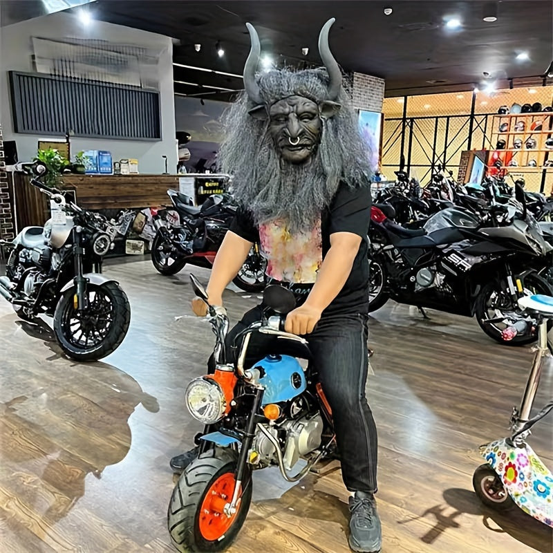 Goat Horned Long Hair Bull Demon Latex Mask Halloween Role Play