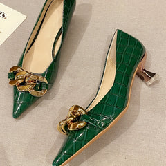 Chain Decor Kitten Heels Point Toe Dress Pumps Slip On Heels