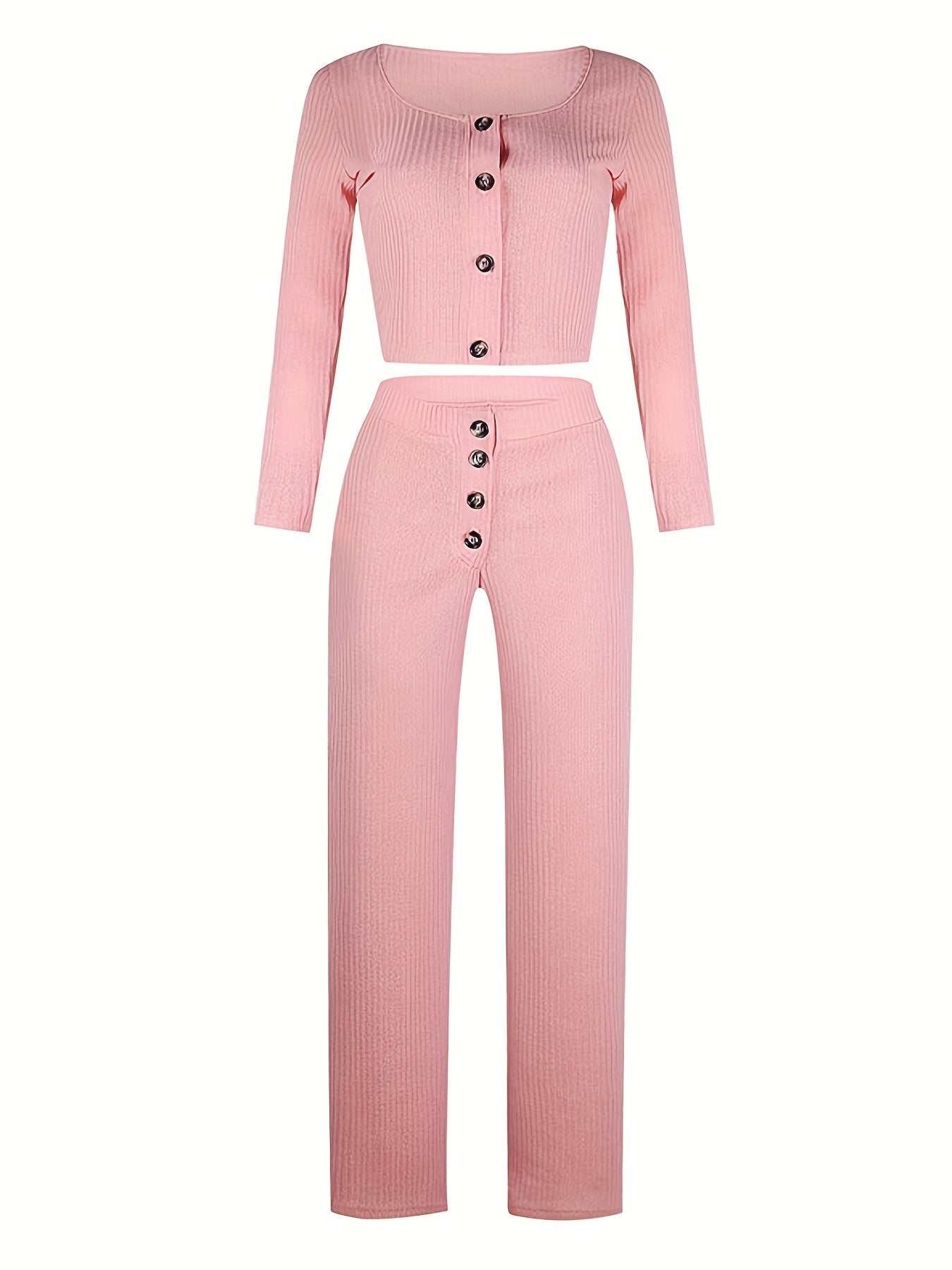 Solid Ribbed Lounge Set Long Sleeve Top & Pants Women's Loungewear