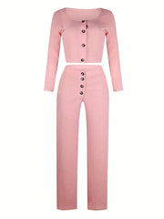 Solid Ribbed Lounge Set Long Sleeve Top & Pants Women's Loungewear