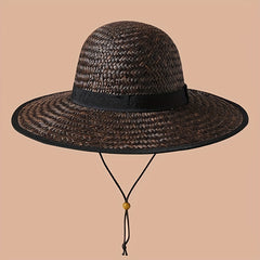 Vintage Dark Brown Crochet Sun Hat Wide Brim UV Protection Boonie Fisherman Cap