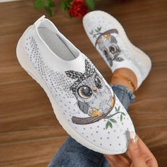 Women's Rhinestone Owl Printed Low Top Sneakers
