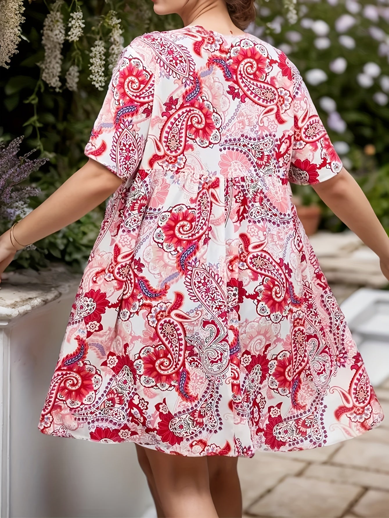 Boho Dress Women's Plus Paisley Floral Print V Neck Loose Fit Dress
