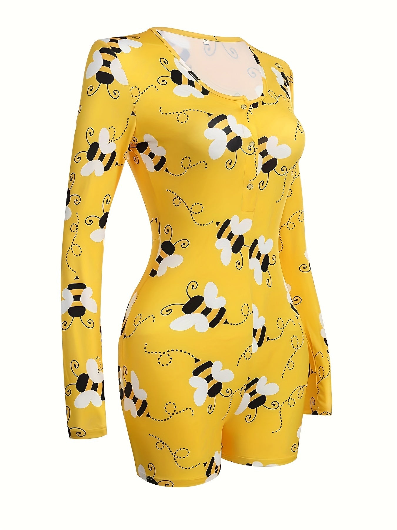Bee Print Lounge Romper Long Sleeve V Neck Buttons Romper Women's Loungewear