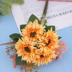 Boho Sunflower Bridal Bouquet, Handcrafted Leaves, Ribbon, Wedding Accessory