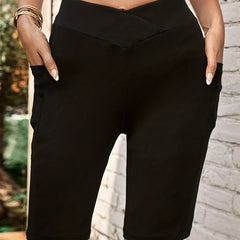 High Rise Stretch Skinny Shorts With Pockets