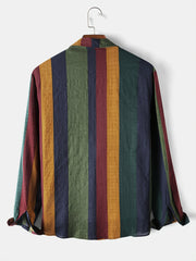 Men's Casual Cotton Linen Striped Shirts, Long Sleeves, Beach Holiday