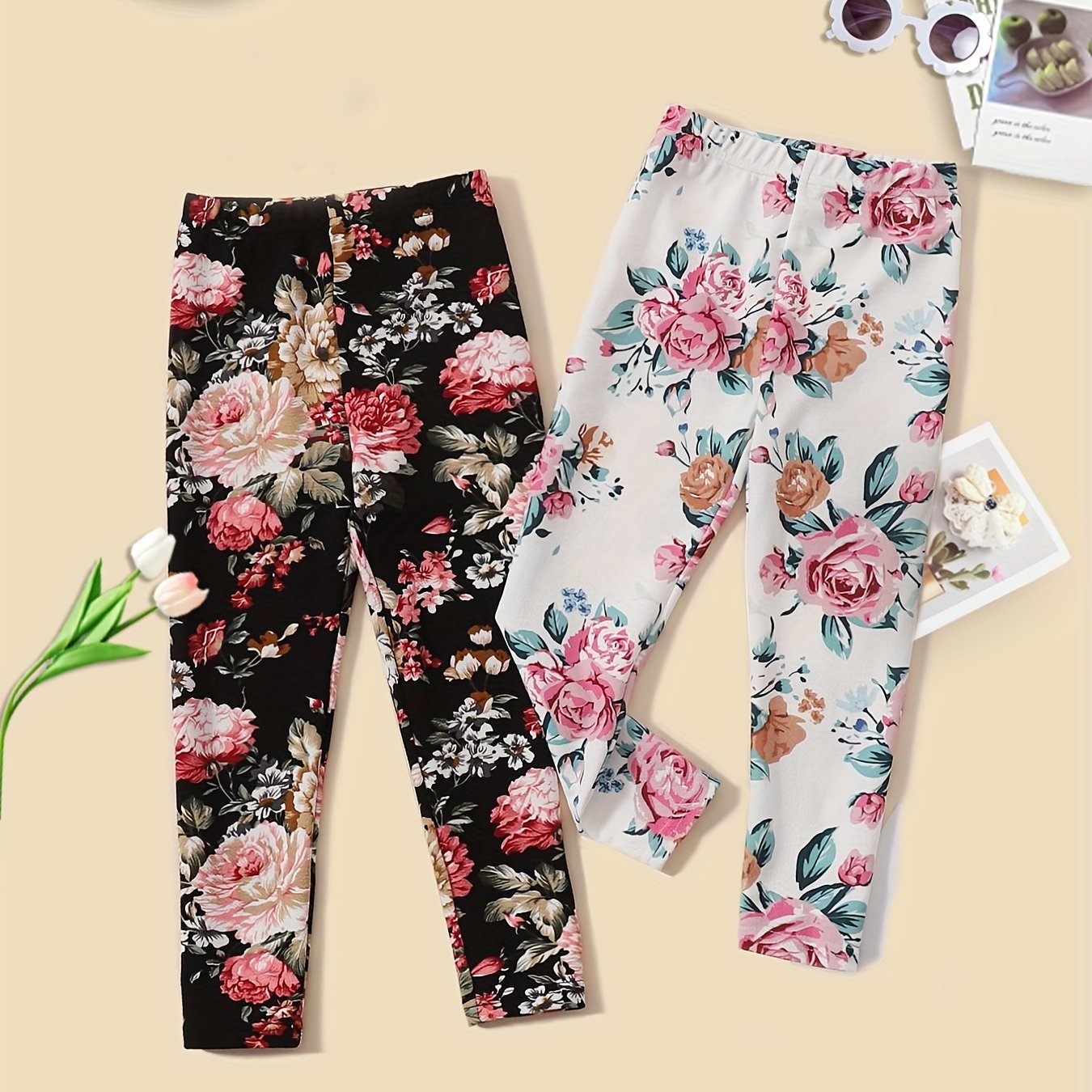 2pcs Girls' Stretchy Legging Pants Set With Floral Print