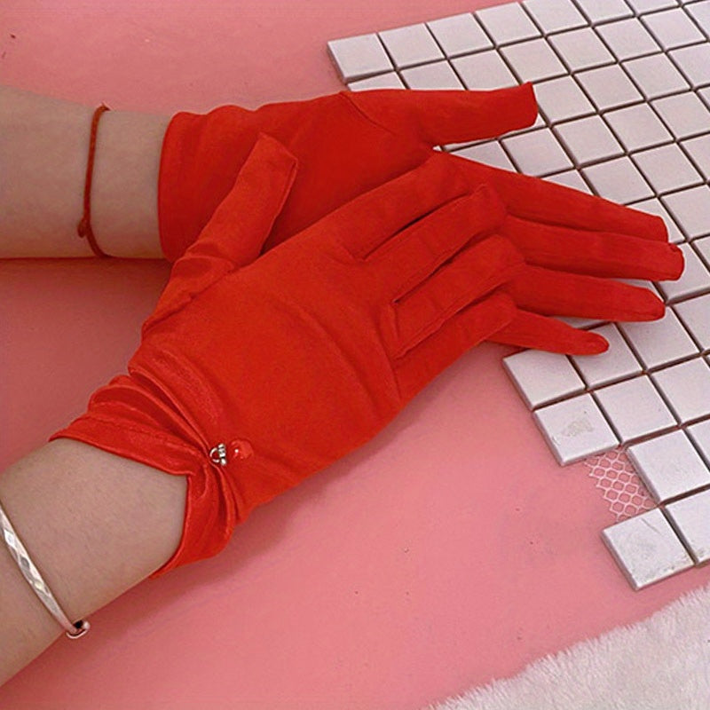 Faux Pearl Decor Satin Gloves Solid Elastic Gloves Wedding Bridal Dress Gloves