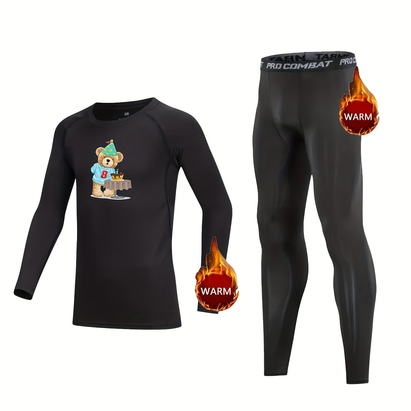 Kids Compression Fleece Sets Cartoon Bear Pattern Long Sleeve Crew Neck Pullover