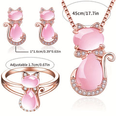 Girl's Pink Rhinestone Cat Ring Adjustable Decorative Accessories