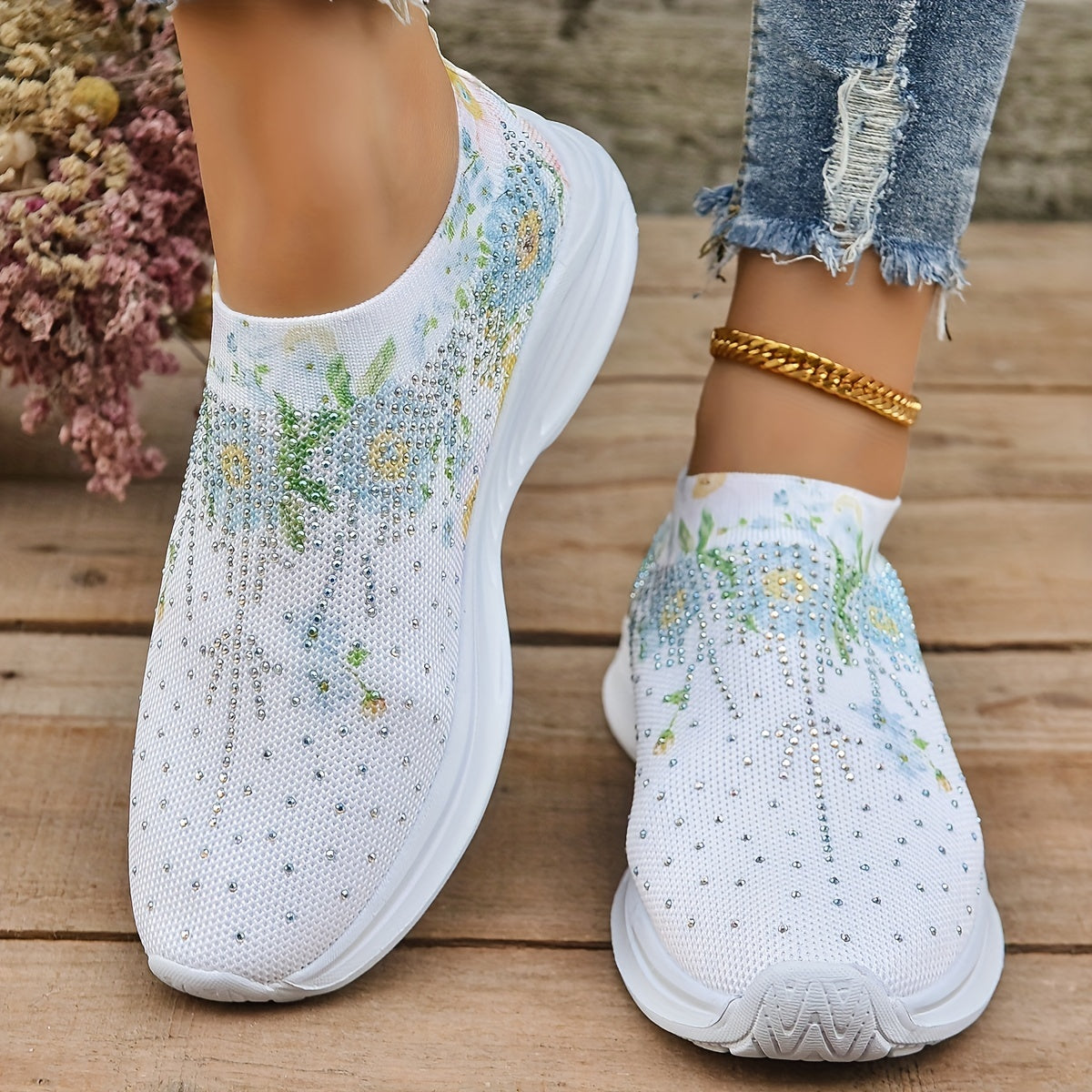 Women's Rhinestone Floral Print Slip-On Sneakers