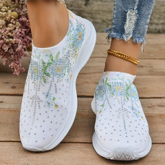 Women's Rhinestone Floral Print Slip-On Sneakers