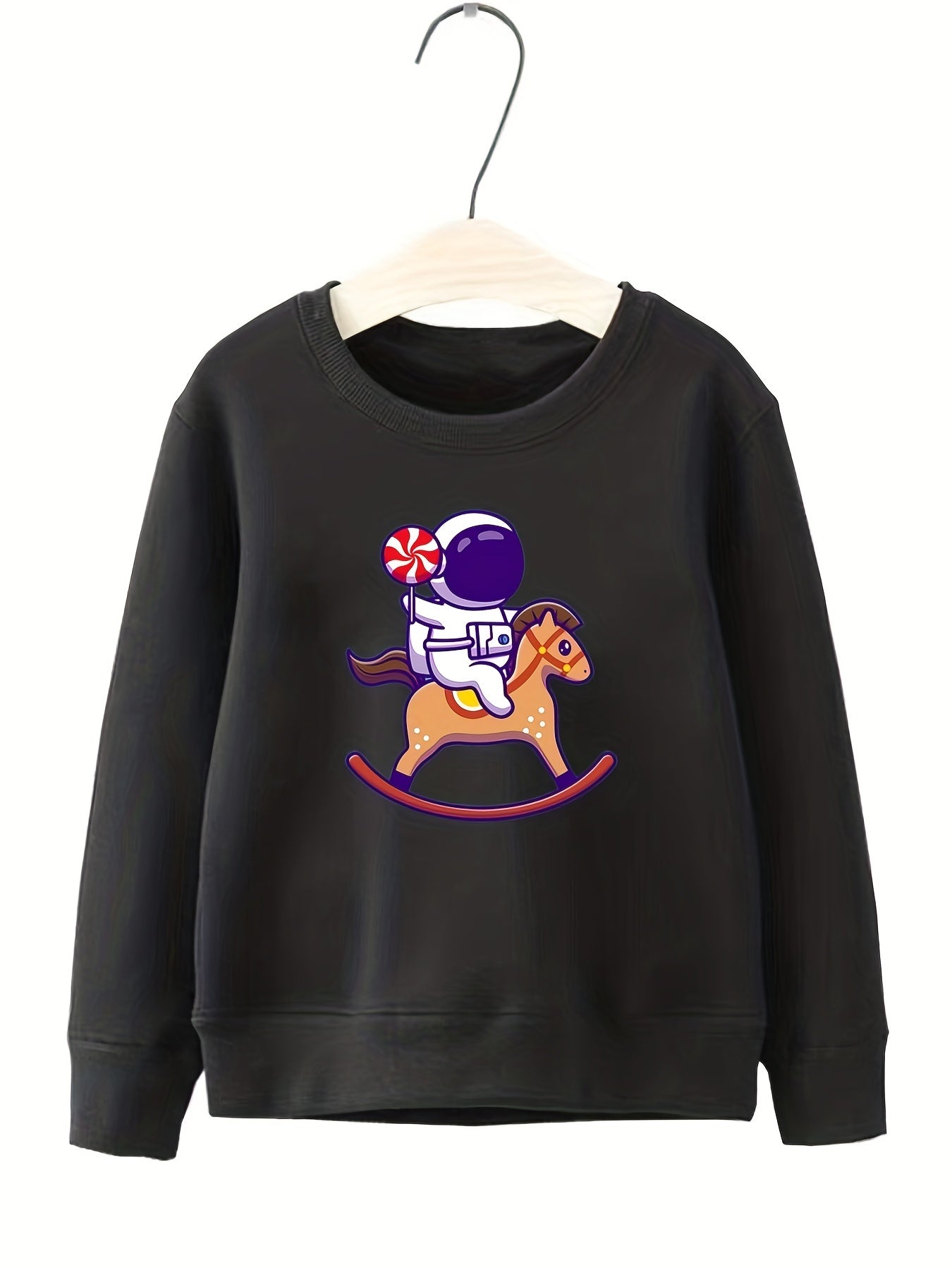 Astronaut & Pony Pattern Round Neck Sweatshirt for Girls