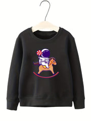 Astronaut & Pony Pattern Round Neck Sweatshirt for Girls