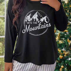 Mountain & Letter Print Long Sleeve Loungewear Top