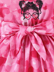 Baby Girls Cartoon Heart Print Long Sleeve Pleated Dress For Spring And Autumn