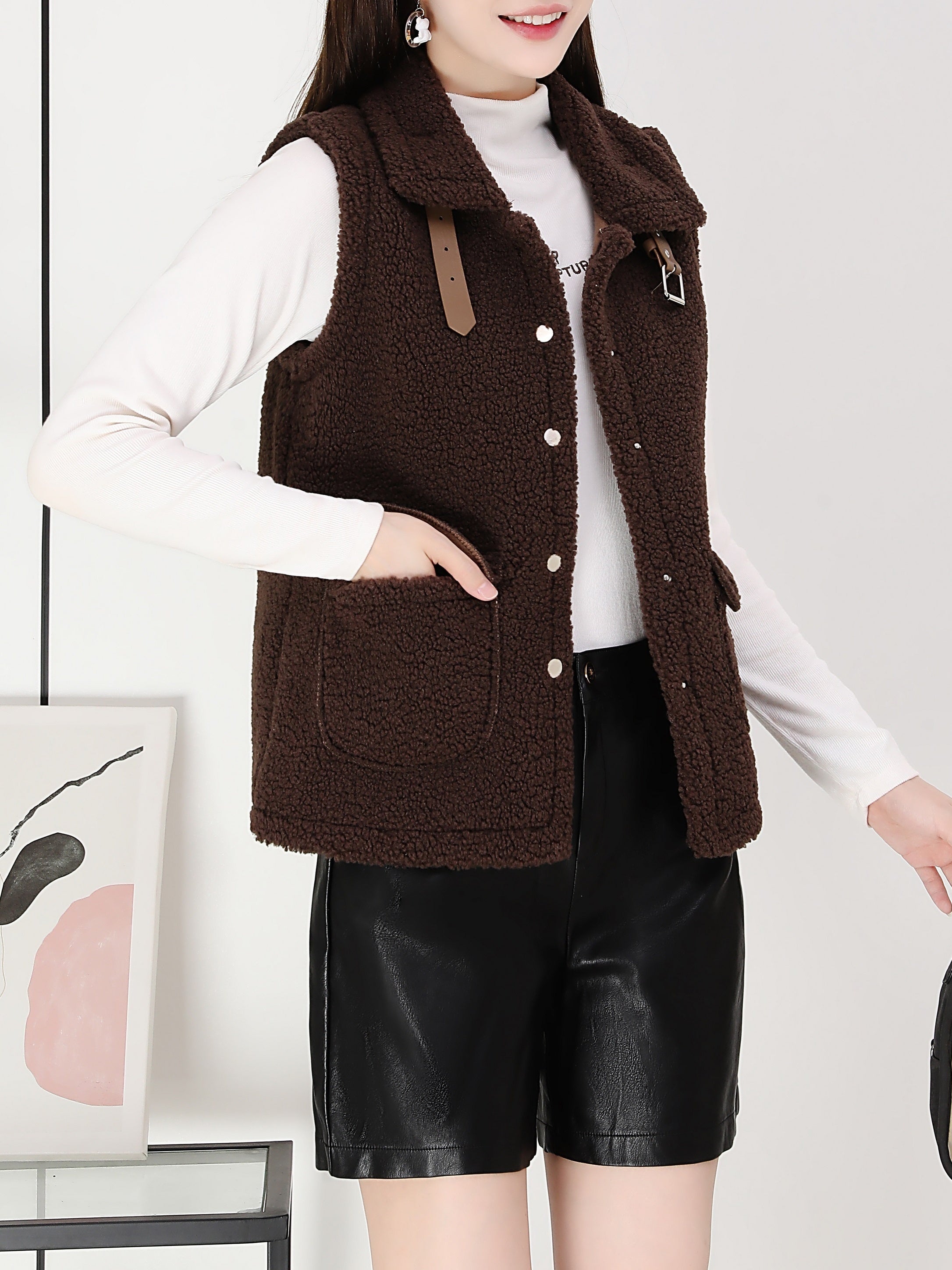 Solid Teddy Vest Casual Button Front Sleeveless Warm Vest