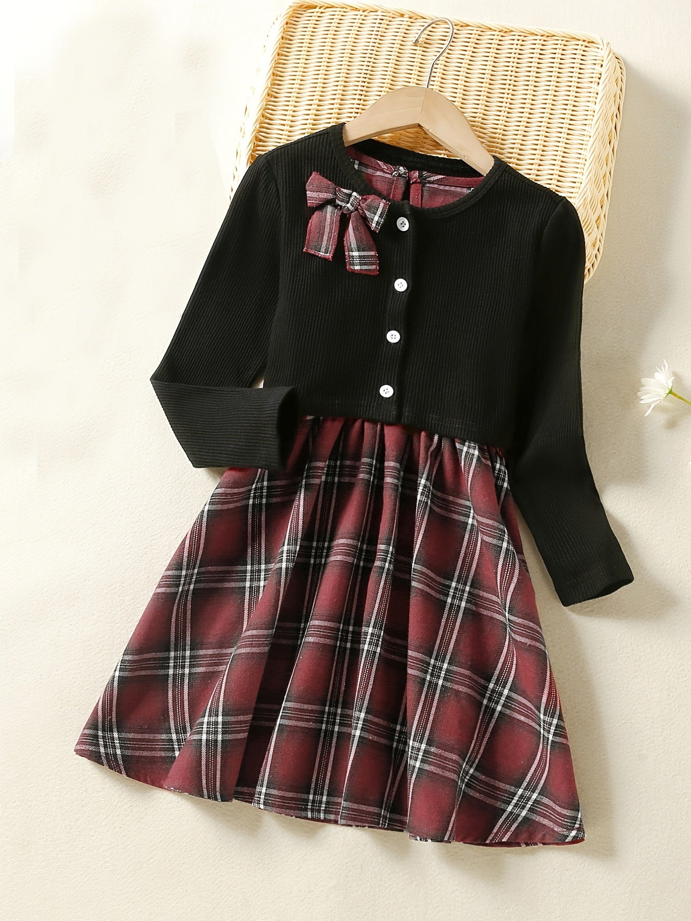 Girls Cotton Long Sleeve Top & Plaid Vest Dress Set