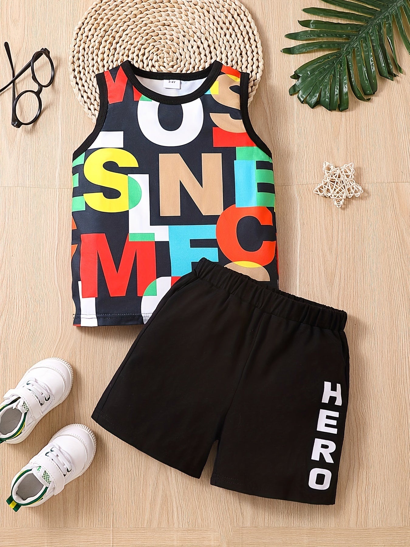 Boys Letter Pattern Casual Outfit Tank Top & Shorts Set