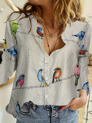 Bird Print Plus Size Long Sleeve Blouse