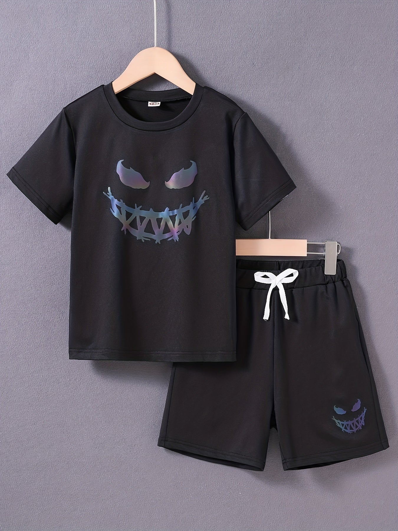 Boys Happy Face Print T-shirt & Shorts Set Summer Outfit