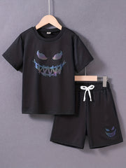 Boys Happy Face Print T-shirt & Shorts Set Summer Outfit